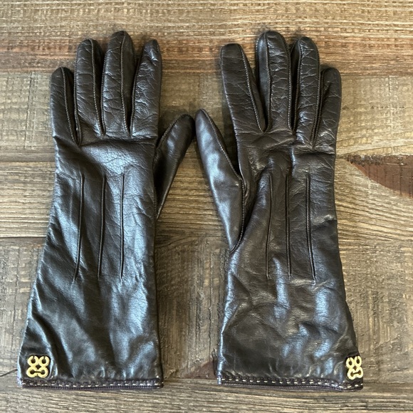 Coach Brown Leather Gloves Cashmere Liner Women’s Vintage Gold Logo - Picture 1 of 8
